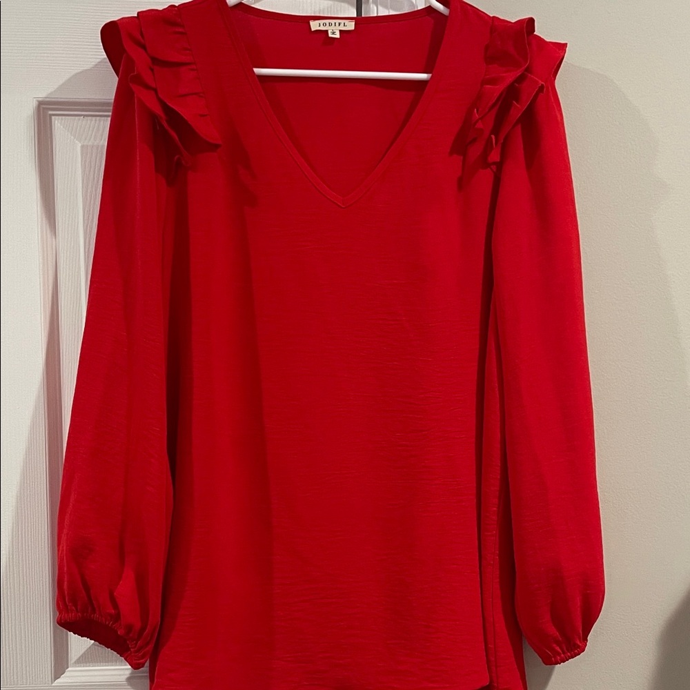 JODIFL Red V-Neck Ruffle Shoulder Long Sleeve Blouse